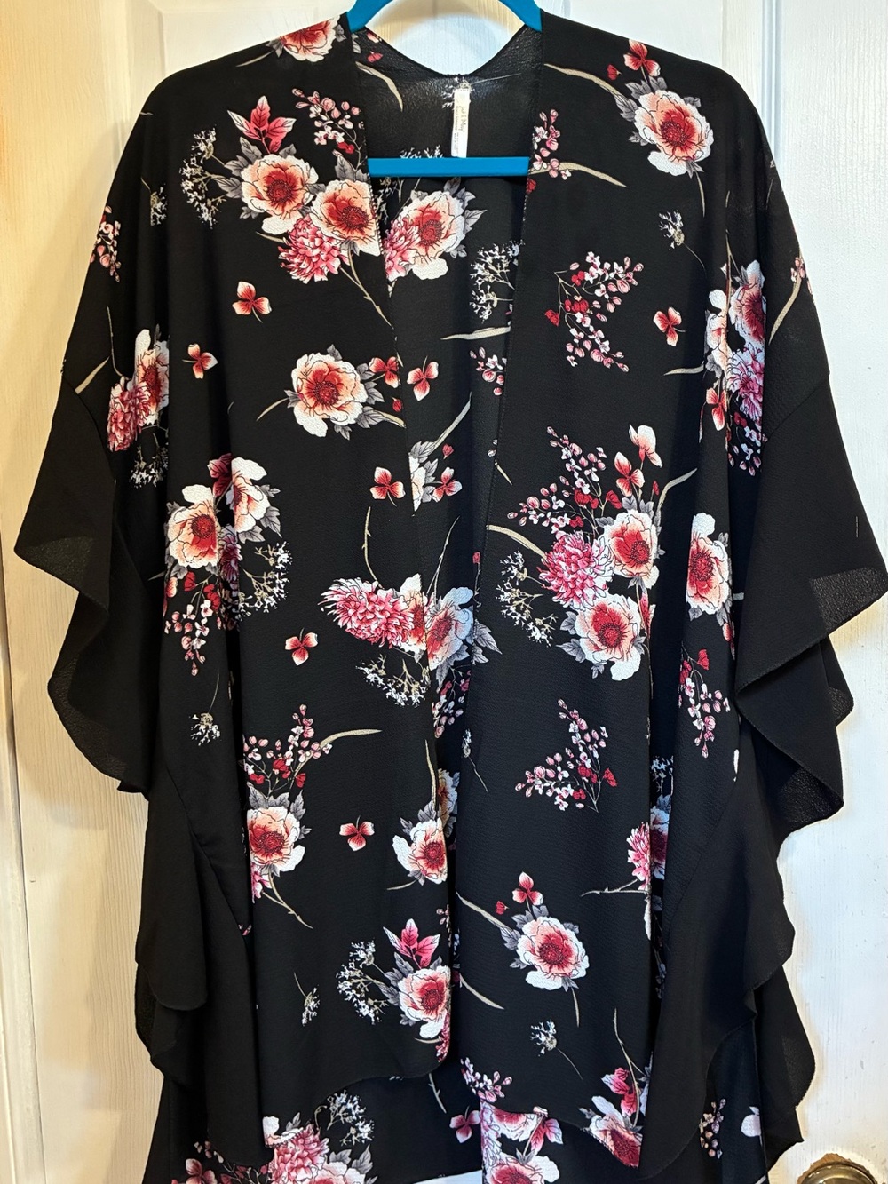 Jack & Missy Black Floral Kimono Cardigan - Pink & White Blossoms